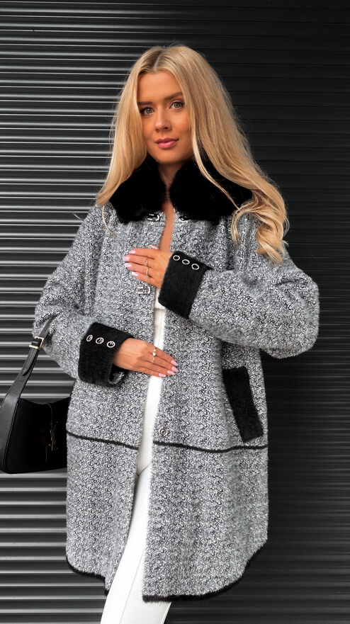 Melanżowy płaszcz ALPAKA z futerkiem i srebrną nitką ONE SIZE - S402