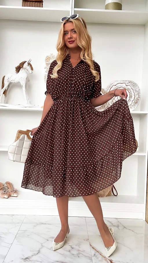 Czekoladowa midi sukienka w grochy ONE SIZE - P852B