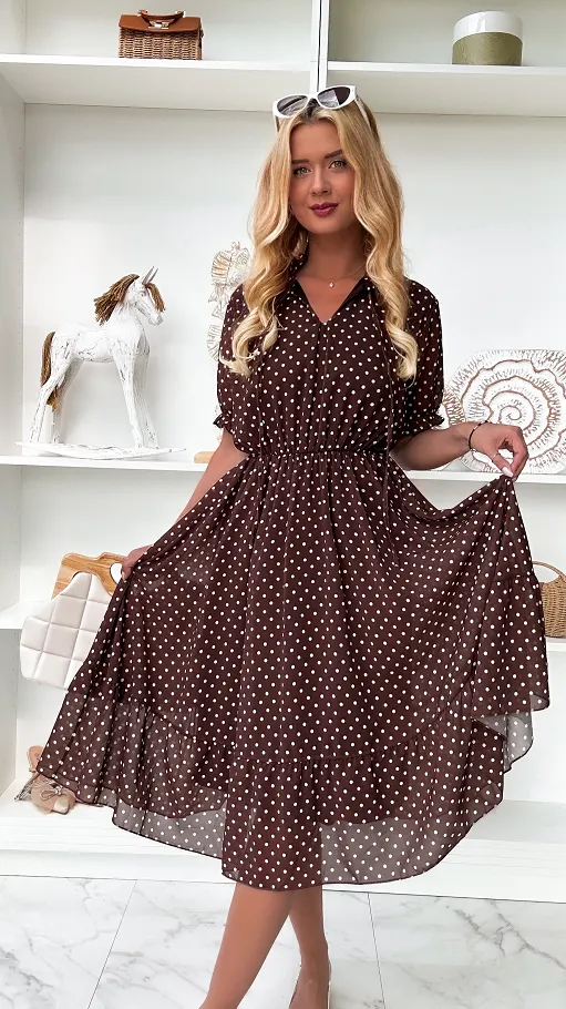 Czekoladowa midi sukienka w grochy ONE SIZE - P852B