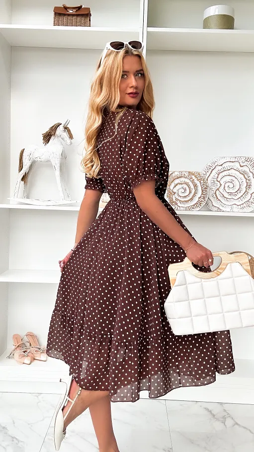 Czekoladowa midi sukienka w grochy ONE SIZE - P852B