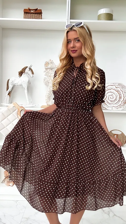 Czekoladowa midi sukienka w grochy ONE SIZE - P852B