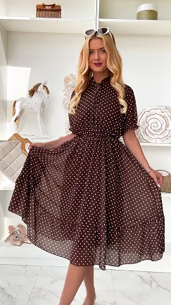 Czekoladowa midi sukienka w grochy ONE SIZE - P852B