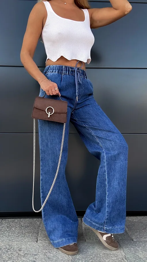 Elastyczne spodnie jeansowe WIDE LEG FIT z gumką w pasie BLUE - P998