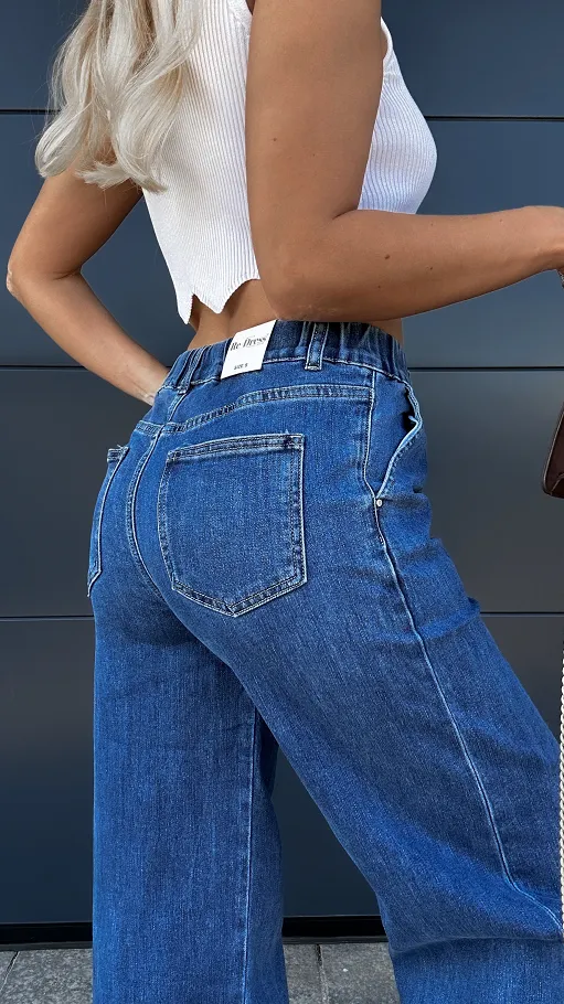 Elastyczne spodnie jeansowe WIDE LEG FIT z gumką w pasie BLUE - P998
