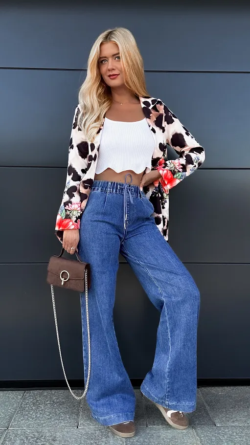Elastyczne spodnie jeansowe WIDE LEG FIT z gumką w pasie BLUE - P998