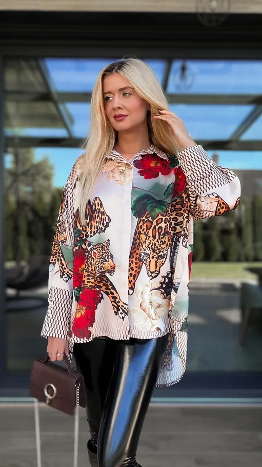Asymetryczna koszula do jesiennych stylizacji z panterą ONE SIZE - R073