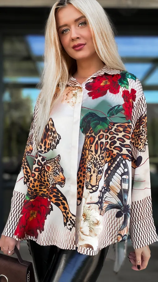 Asymetryczna koszula do jesiennych stylizacji z panterą ONE SIZE - R073