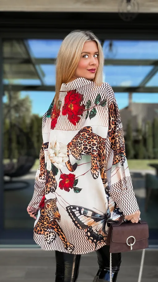 Asymetryczna koszula do jesiennych stylizacji z panterą ONE SIZE - R073