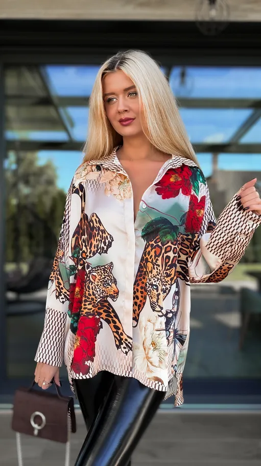 Asymetryczna koszula do jesiennych stylizacji z panterą ONE SIZE - R073