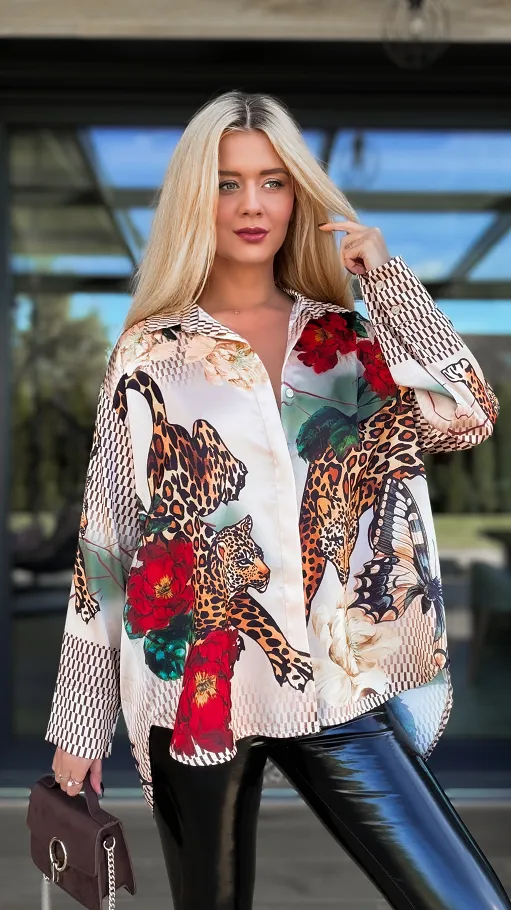 Asymetryczna koszula do jesiennych stylizacji z panterą ONE SIZE - R073