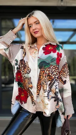 Asymetryczna koszula do jesiennych stylizacji z panterą ONE SIZE - R073