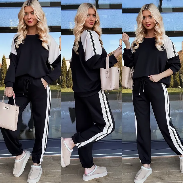 Czarny komplet dresowy z paskami ONE SIZE - R139B