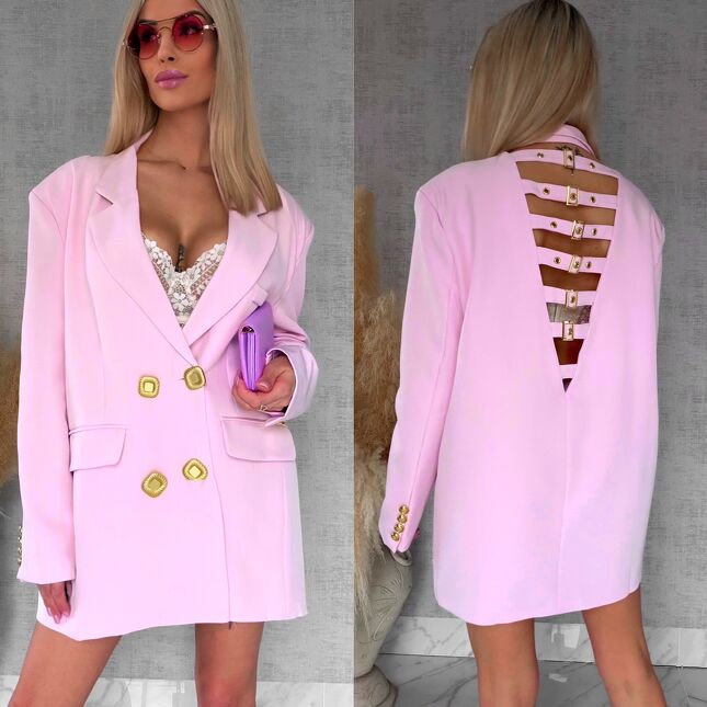 Oryginalna marynarka OVERSIZE z paskami i złotymi guzikami PINK - R755