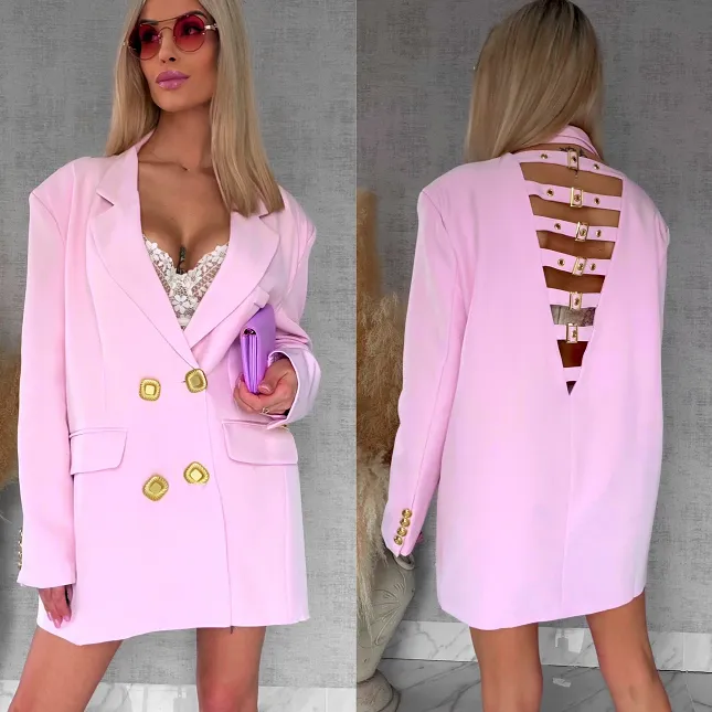 Oryginalna marynarka OVERSIZE z paskami i złotymi guzikami PINK - R755