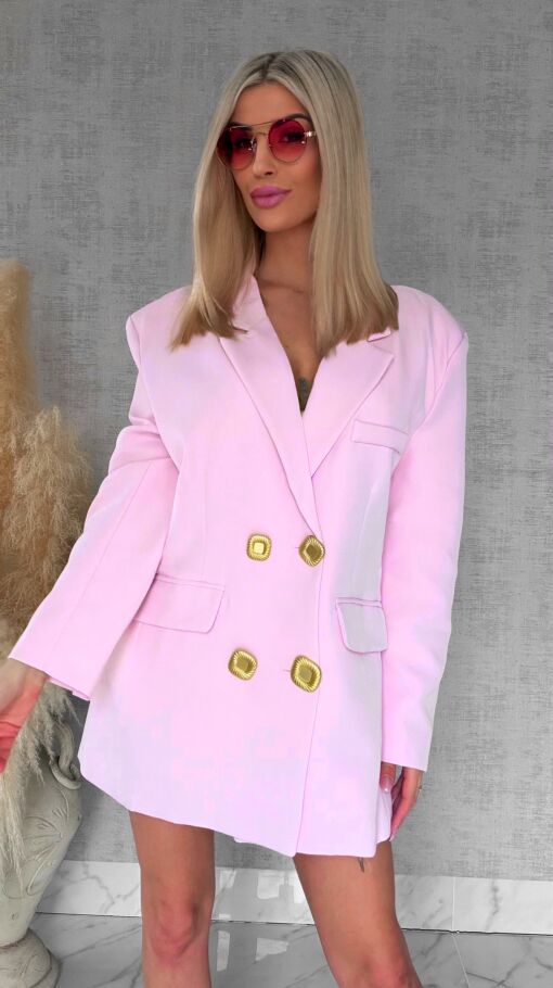 Oryginalna marynarka OVERSIZE z paskami i złotymi guzikami PINK - R755