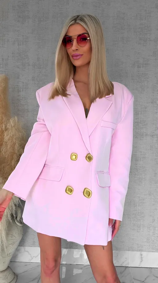 Oryginalna marynarka OVERSIZE z paskami i złotymi guzikami PINK - R755