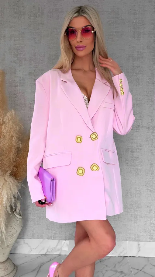 Oryginalna marynarka OVERSIZE z paskami i złotymi guzikami PINK - R755