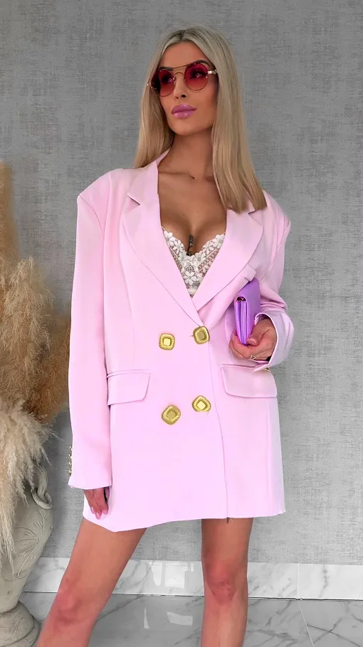 Oryginalna marynarka OVERSIZE z paskami i złotymi guzikami PINK - R755