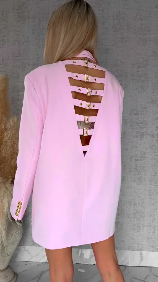 Oryginalna marynarka OVERSIZE z paskami i złotymi guzikami PINK - R755