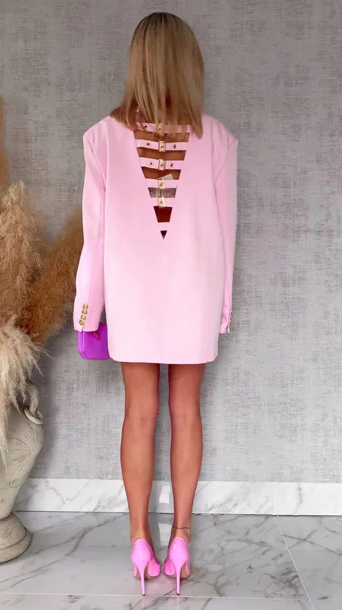 Oryginalna marynarka OVERSIZE z paskami i złotymi guzikami PINK - R755