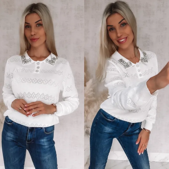 Biała bluzka polo z wiskozy z ozdobnym kołnierzykiem ONE SIZE - R850