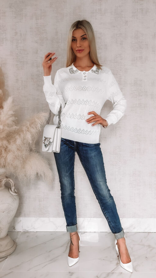 Biała bluzka polo z wiskozy z ozdobnym kołnierzykiem ONE SIZE - R850