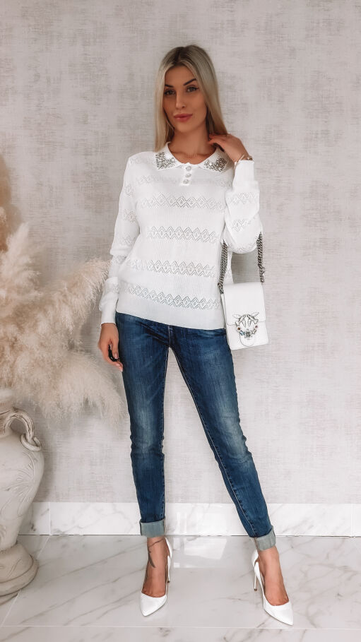 Biała bluzka polo z wiskozy z ozdobnym kołnierzykiem ONE SIZE - R850