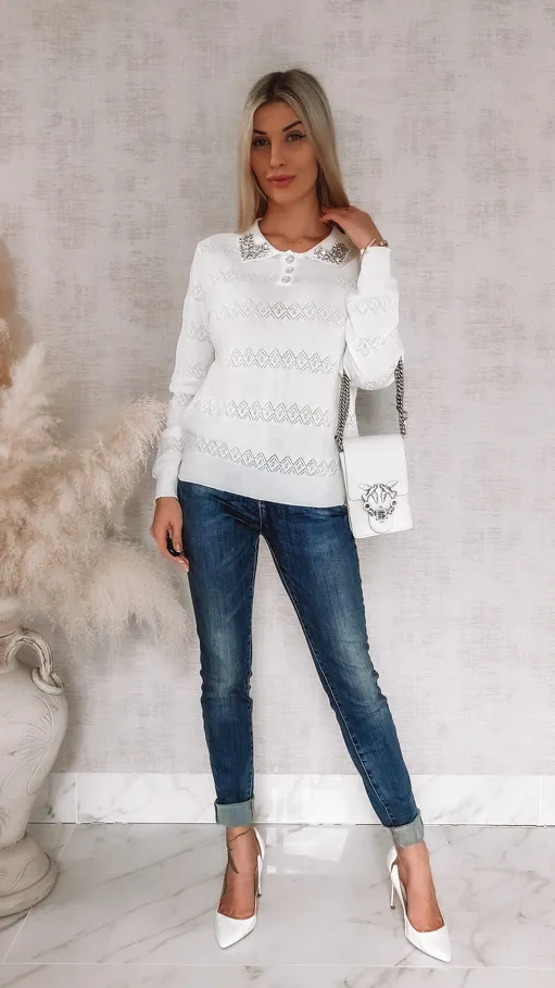 Biała bluzka polo z wiskozy z ozdobnym kołnierzykiem ONE SIZE - R850