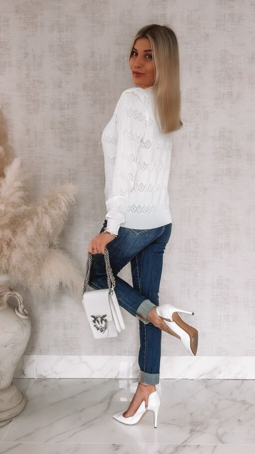 Biała bluzka polo z wiskozy z ozdobnym kołnierzykiem ONE SIZE - R850