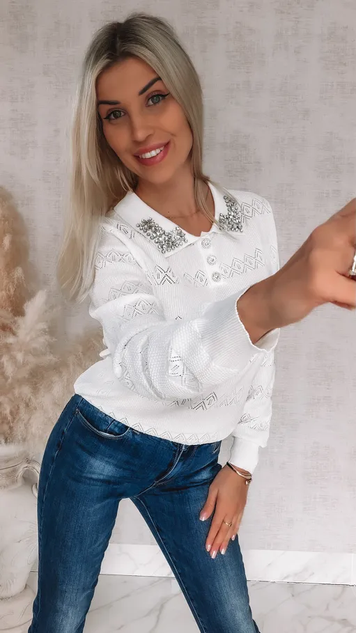 Biała bluzka polo z wiskozy z ozdobnym kołnierzykiem ONE SIZE - R850