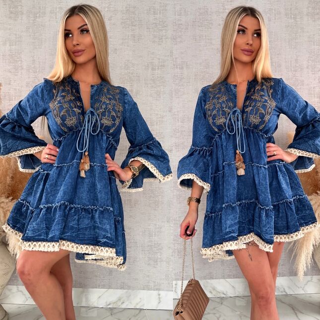 Miękka jeansowa sukienka bawełniana w stylu BOHO - R732