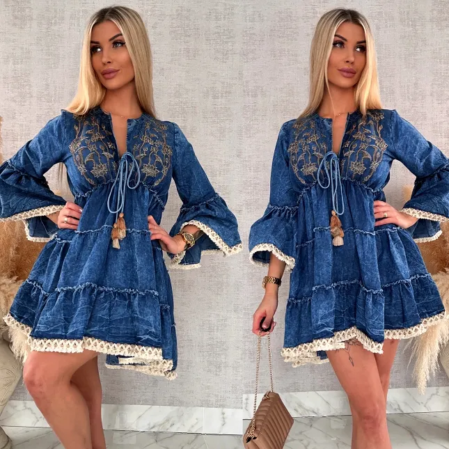 Miękka jeansowa sukienka bawełniana w stylu BOHO - R732