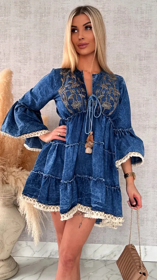 Miękka jeansowa sukienka bawełniana w stylu BOHO - R732