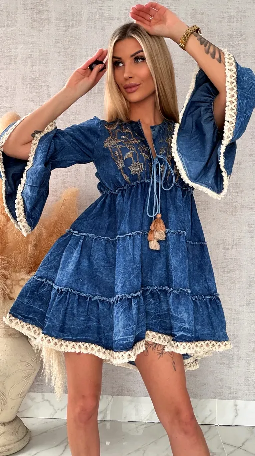 Miękka jeansowa sukienka bawełniana w stylu BOHO - R732