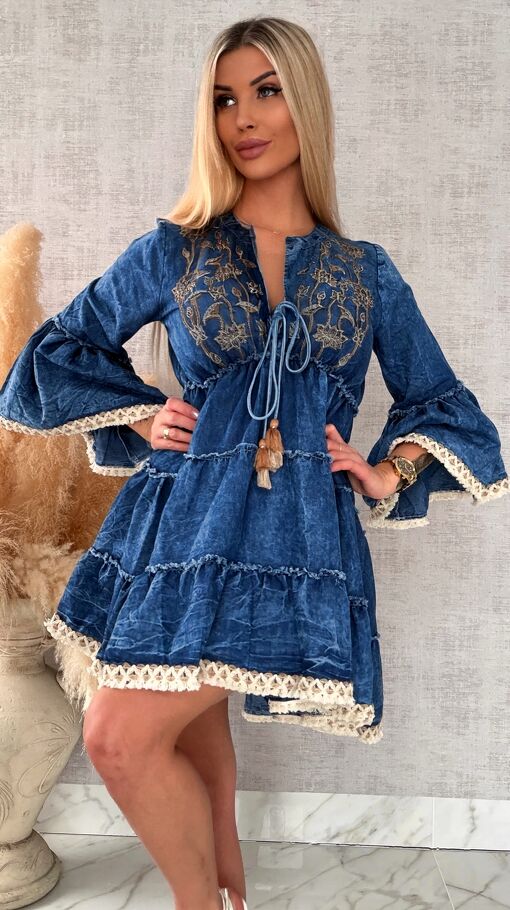 Miękka jeansowa sukienka bawełniana w stylu BOHO - R732