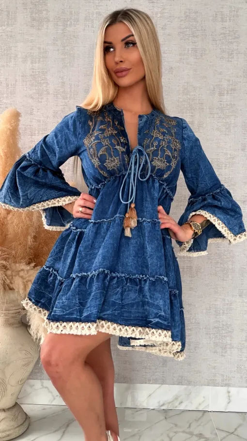 Miękka jeansowa sukienka bawełniana w stylu BOHO - R732