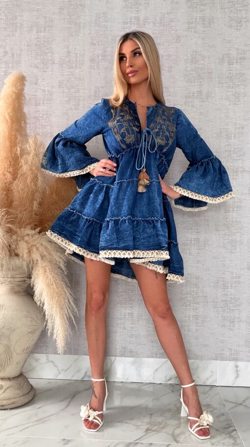 Miękka jeansowa sukienka bawełniana w stylu BOHO - R732