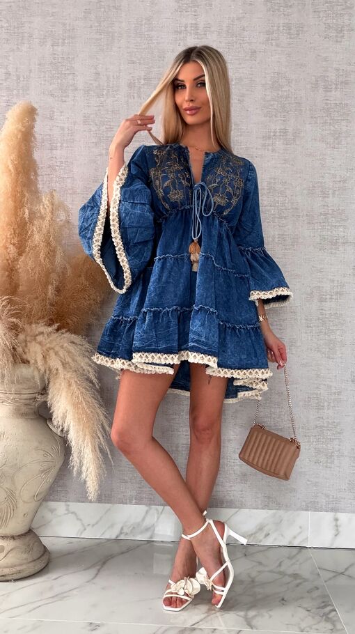 Miękka jeansowa sukienka bawełniana w stylu BOHO - R732