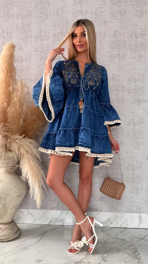 Miękka jeansowa sukienka bawełniana w stylu BOHO - R732