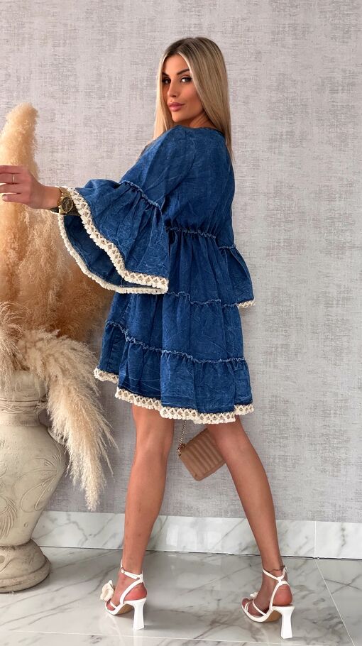 Miękka jeansowa sukienka bawełniana w stylu BOHO - R732