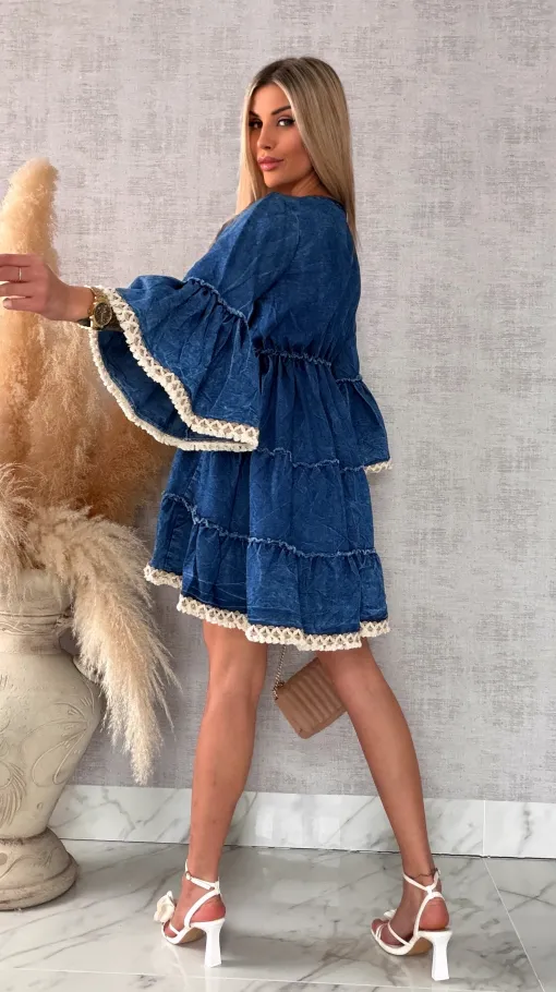 Miękka jeansowa sukienka bawełniana w stylu BOHO - R732