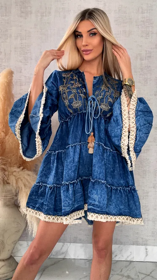 Miękka jeansowa sukienka bawełniana w stylu BOHO - R732