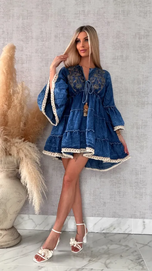 Miękka jeansowa sukienka bawełniana w stylu BOHO - R732