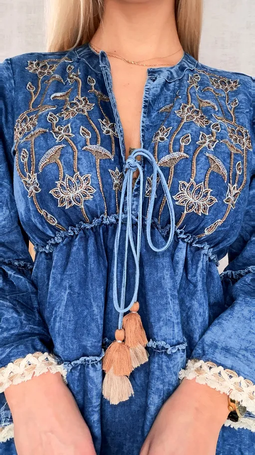 Miękka jeansowa sukienka bawełniana w stylu BOHO - R732