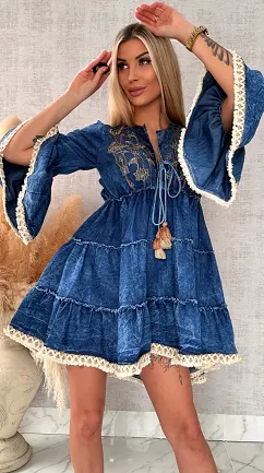 Miękka jeansowa sukienka bawełniana w stylu BOHO - R732