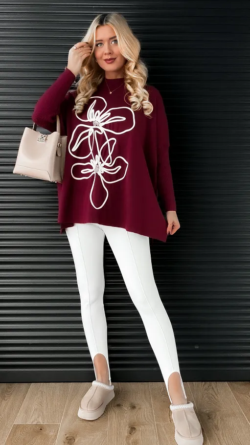 Sweter tunika z półgolfem i artystycznym kwiatem ONE SIZE bordo - R332A