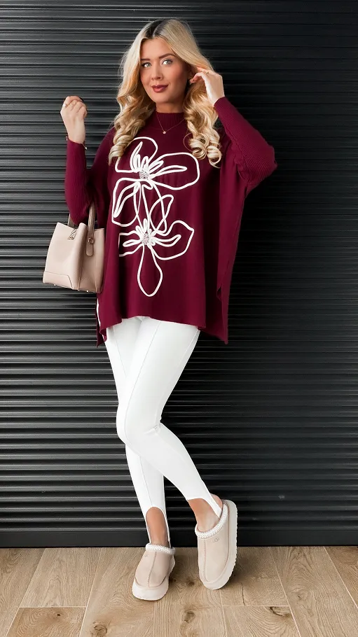 Sweter tunika z półgolfem i artystycznym kwiatem ONE SIZE bordo - R332A