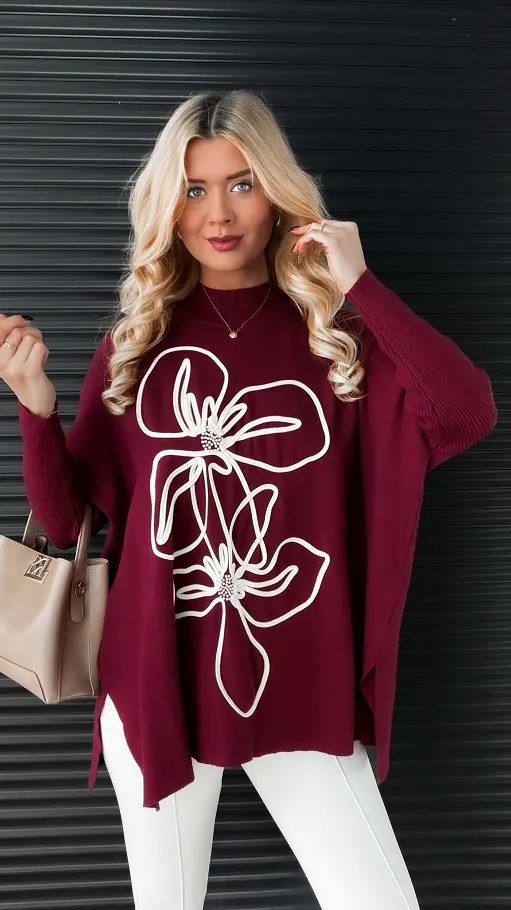 Sweter tunika z półgolfem i artystycznym kwiatem ONE SIZE bordo - R332A