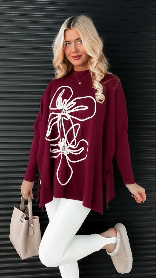 Sweter tunika z półgolfem i artystycznym kwiatem ONE SIZE bordo - R332A
