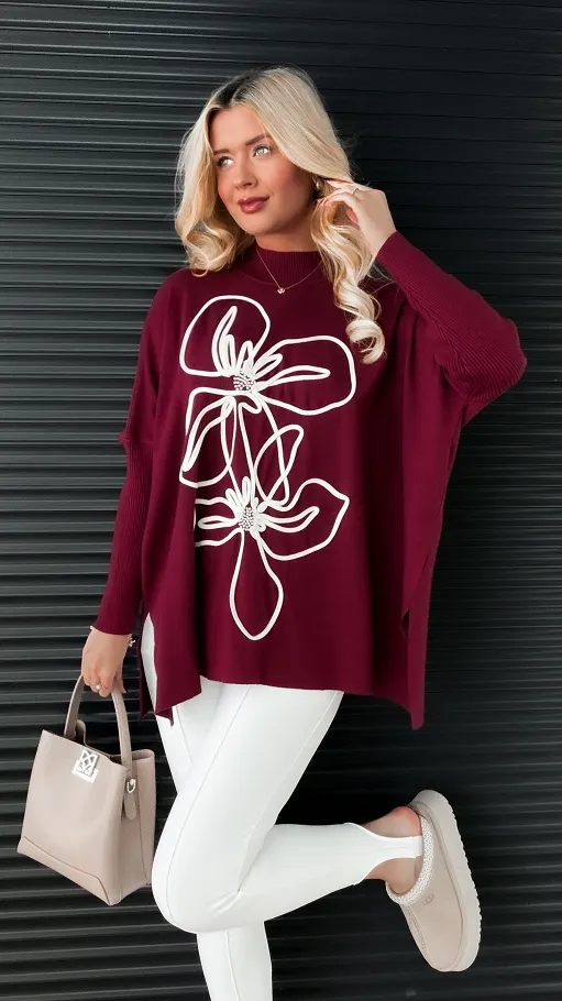 Sweter tunika z półgolfem i artystycznym kwiatem ONE SIZE bordo - R332A